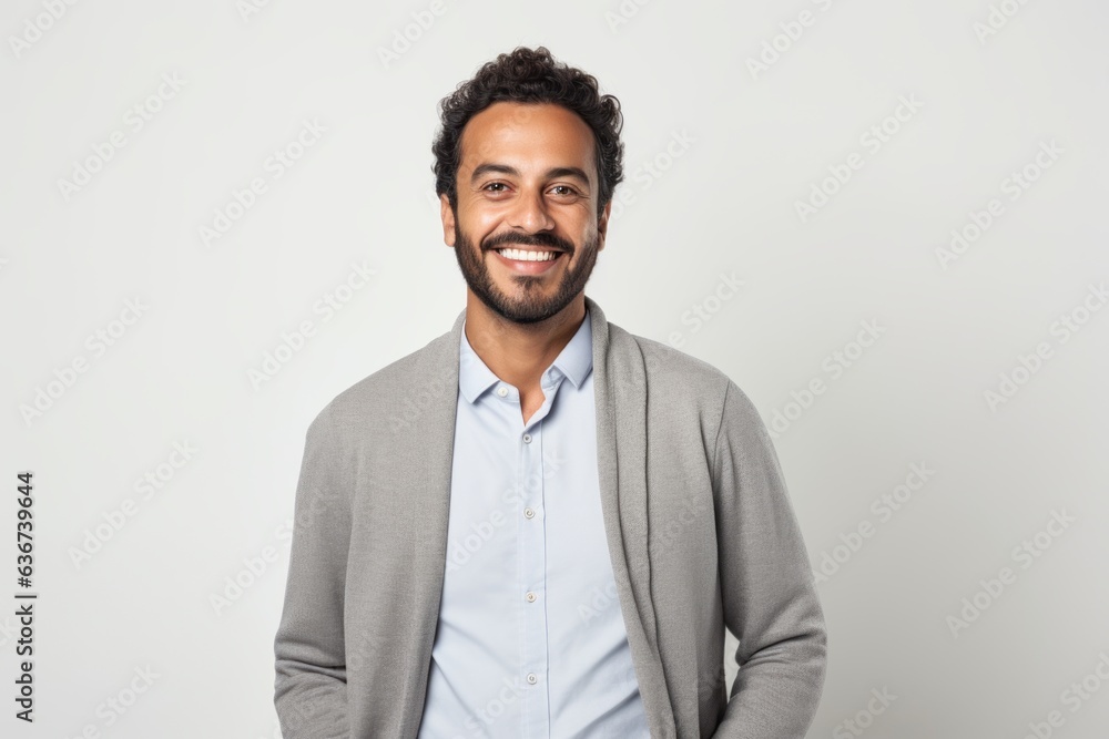 Portrait of a Saudi Arabian man in his 30s in a white background wearing a chic cardigan Portrait of a Saudi Arabian man in his 30s in a white background wearing a chic cardigan