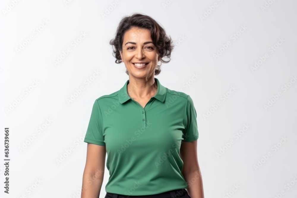 Portrait of smiling middle-aged woman in green t-shirt on white background Portrait of smiling middle-aged woman in green t-shirt on white background