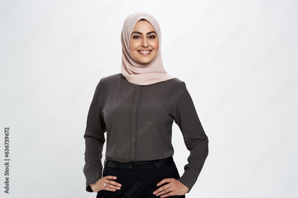 Portrait of muslim woman with hijab smiling at camera over white background Portrait of muslim woman with hijab smiling at camera over white background