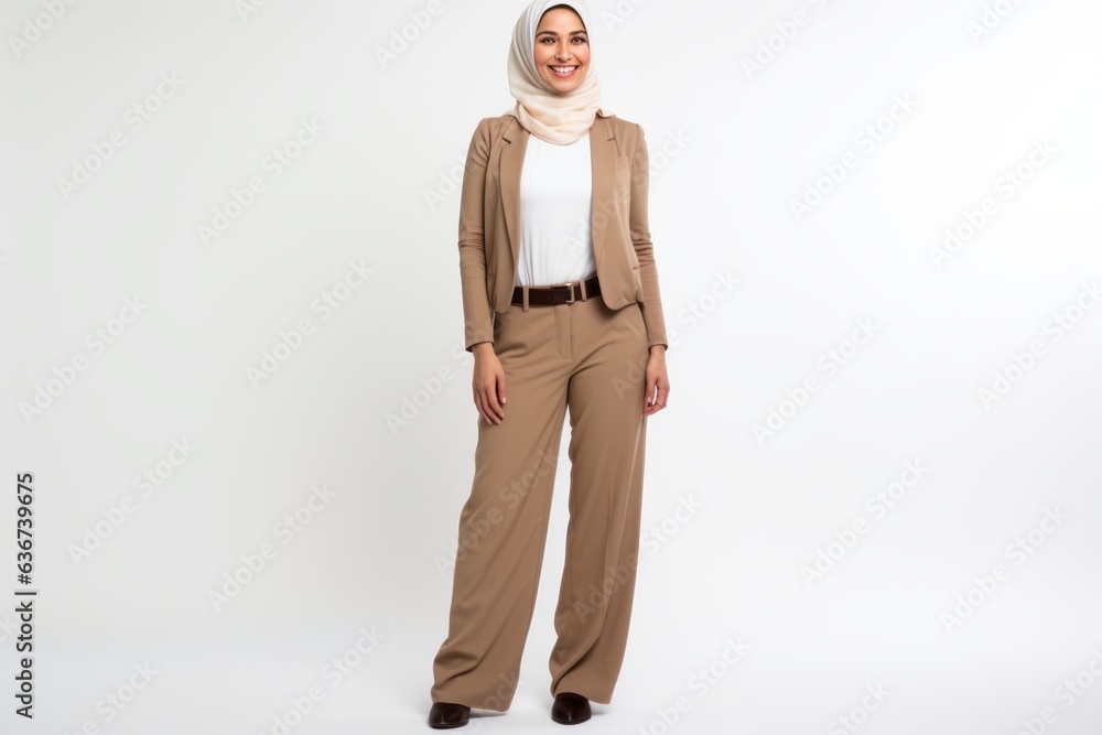 Full length portrait of a beautiful asian muslim woman wearing hijab standing over white background