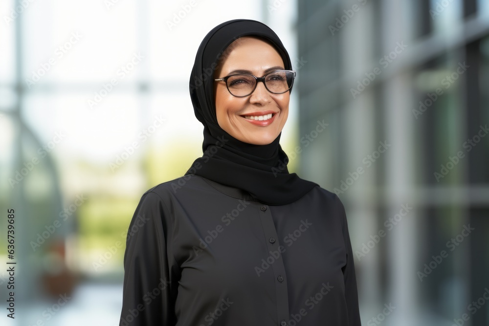 portrait of smiling muslim woman in eyeglasses over office background portrait of smiling muslim woman in eyeglasses over office background