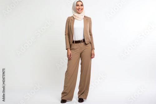 Obraz na płótnie Full length portrait of a beautiful asian muslim woman wearing hijab standing over white background w salonie