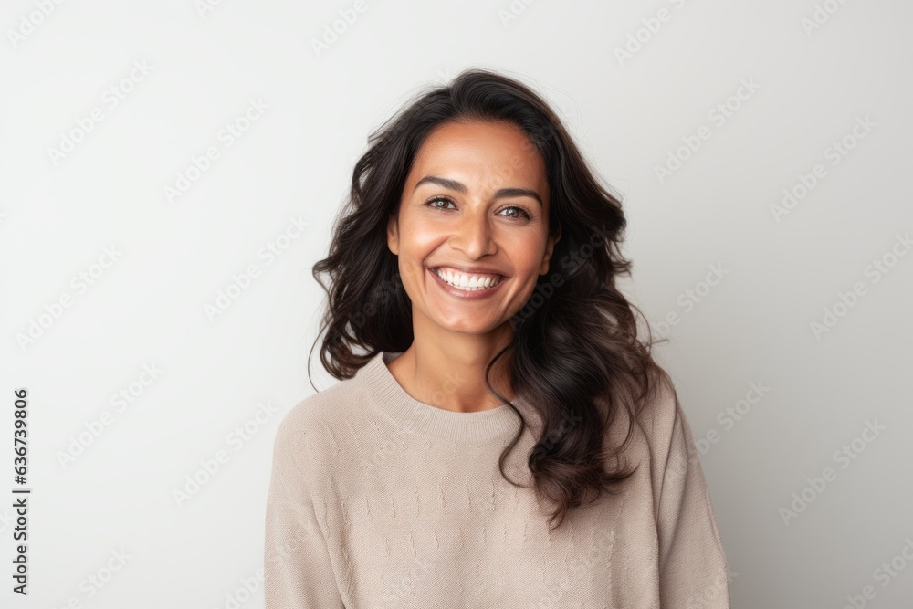 Portrait of a Saudi Arabian woman in her 40s in a white background wearing a cozy sweater Portrait of a Saudi Arabian woman in her 40s in a white background wearing a cozy sweater