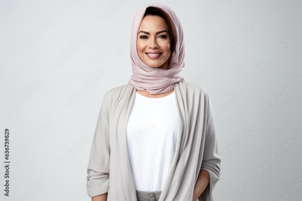 Medium shot portrait of a Saudi Arabian woman in her 40s in a white background wearing a chic cardigan Medium shot portrait of a Saudi Arabian woman in her 40s in a white background wearing a chic cardigan