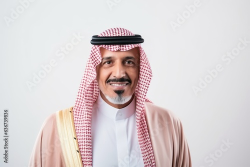 Portrait of arabic man smiling at camera over white background