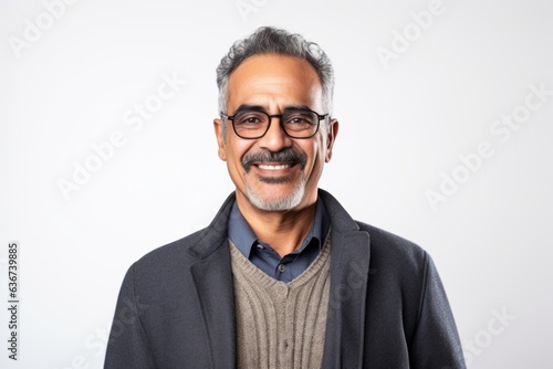 Portrait of a smiling Indian man with eyeglasses on white background