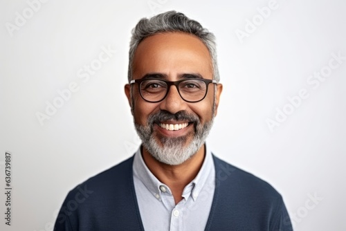 Portrait of happy Indian man in eyeglasses looking at camera