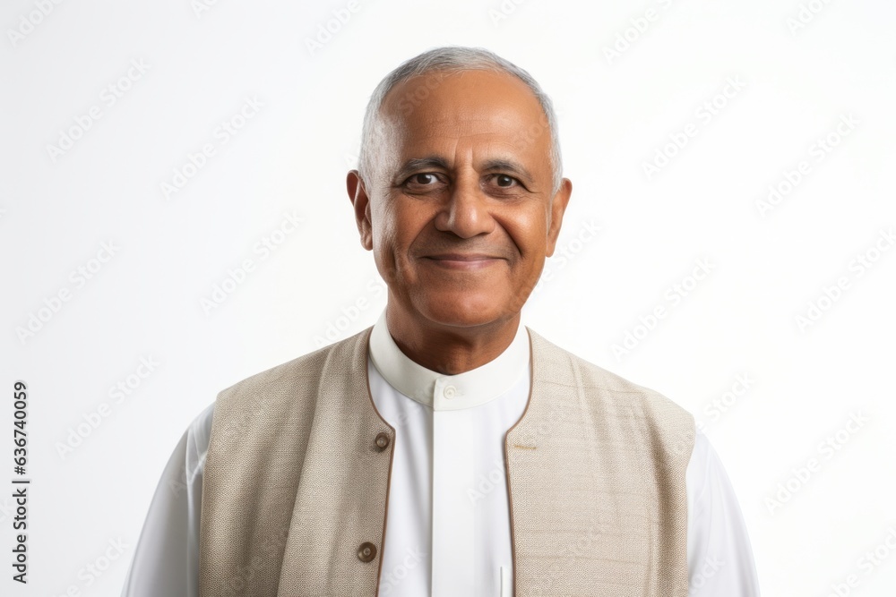 Portrait of an Indian senior man smiling at the camera on white background