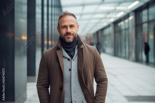 Portrait of a Russian man in his 40s in a modern architectural background wearing a chic cardigan