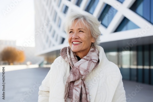 Portrait of a Russian woman in her 60s in a modern architectural background wearing a chic cardigan