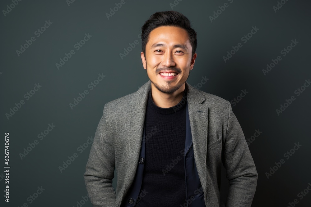Fototapeta premium Portrait of happy asian man looking at camera on dark background