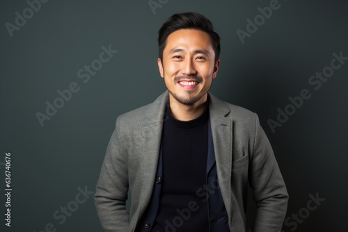 Portrait of happy asian man looking at camera on dark background