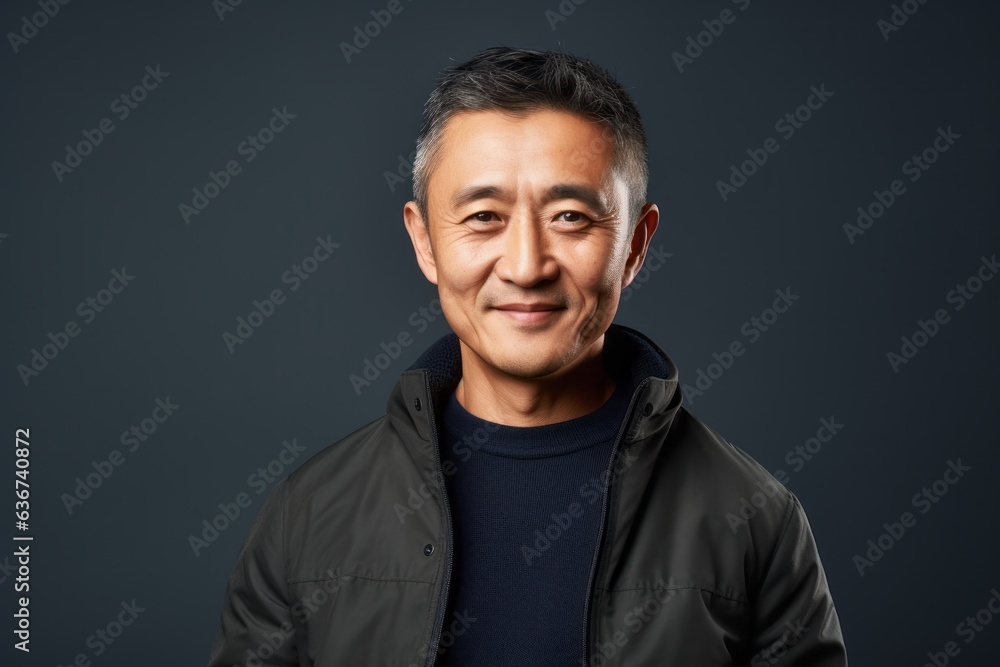 Obraz premium smiling asian man in jacket looking at camera isolated on grey