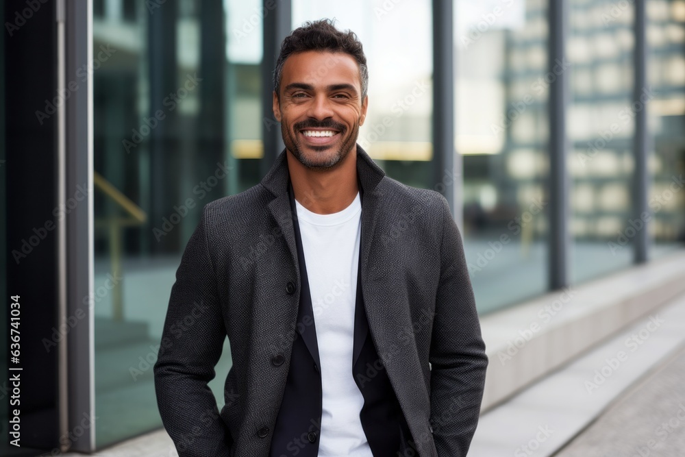 Portrait of a Brazilian man in his 30s in a modern architectural background wearing a chic cardigan Portrait of a Brazilian man in his 30s in a modern architectural background wearing a chic cardigan