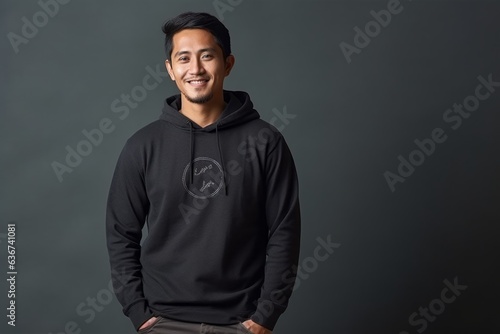 Portrait of a smiling young asian man in black hoodie