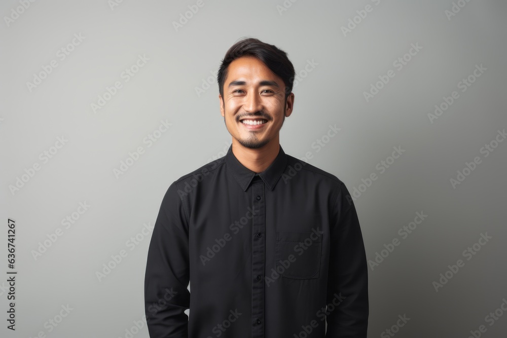 Portrait of a smiling asian man in black shirt on grey background Portrait of a smiling asian man in black shirt on grey background