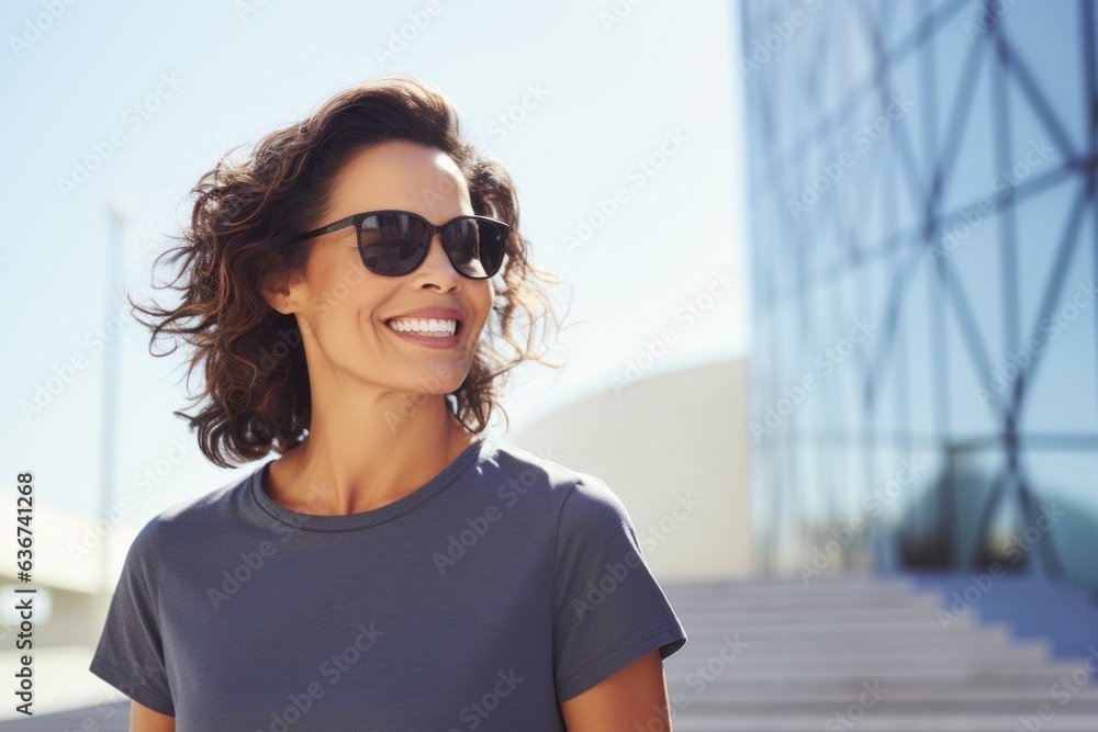 Portrait of a Brazilian woman in her 40s in a modern architectural background wearing knee-length shorts Portrait of a Brazilian woman in her 40s in a modern architectural background wearing knee-length shorts
