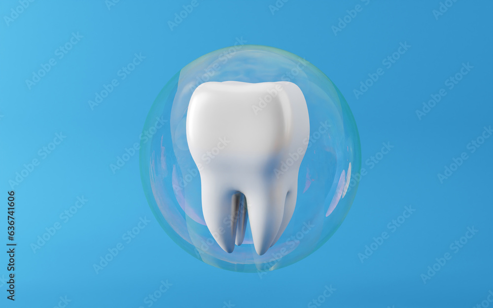 Healthy white tooth in bubble, Oral health and dental inspection teeth. Medical dentist tool, children healthcare, 3D render Healthy white tooth in bubble, Oral health and dental inspection teeth. Medical dentist tool, children healthcare, 3D render