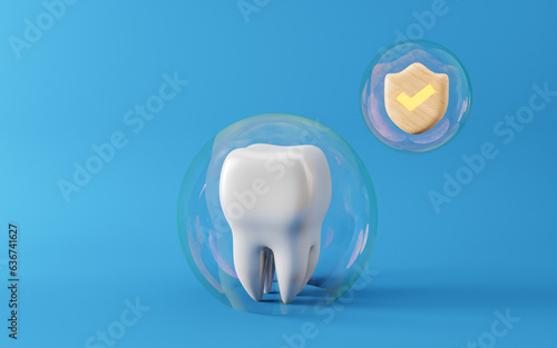 Healthy white tooth in bubble, Shield protect, Oral health and dental inspection teeth. Medical dentist tool, children healthcare, 3D render