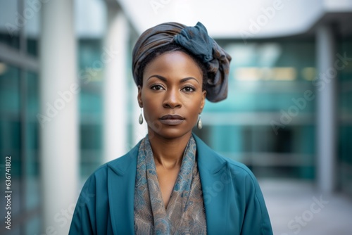 Portrait of a Nigerian woman in her 30s in a modern architectural background wearing a chic cardigan