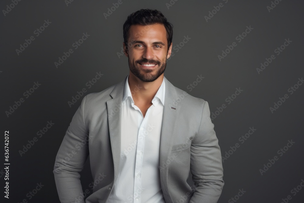 Portrait of a handsome young businessman smiling at camera while standing against grey background Portrait of a handsome young businessman smiling at camera while standing against grey background