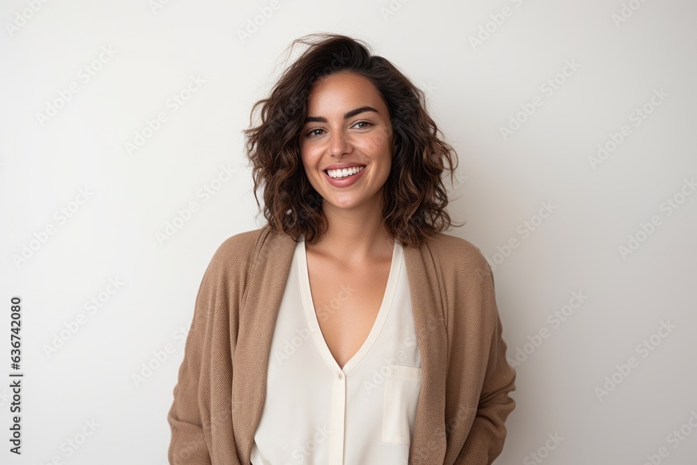 Portrait of beautiful young woman with curly hair smiling at camera. Portrait of beautiful young woman with curly hair smiling at camera.