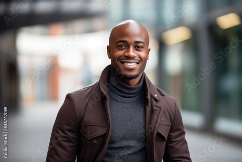 Portrait of a Nigerian man in his 30s in a modern architectural background wearing a chic cardigan