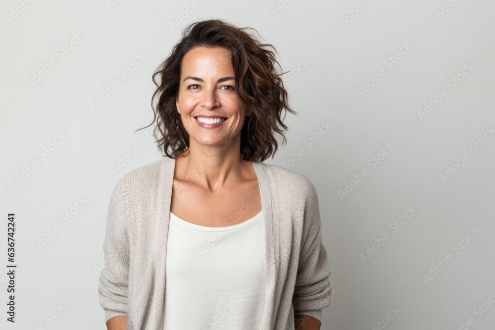 Portrait of a beautiful woman with curly hair smiling at the camera Portrait of a beautiful woman with curly hair smiling at the camera