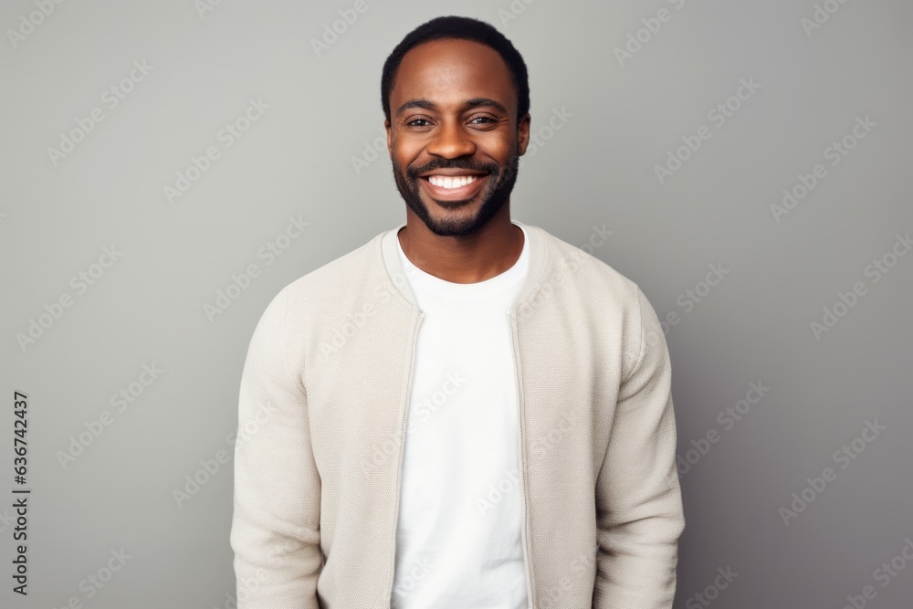Handsome african american man smiling at camera while standing against grey background
