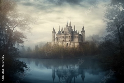 Mysterious misty scenery featuring antique castle overlooking body of water - digital artwork. Generative AI