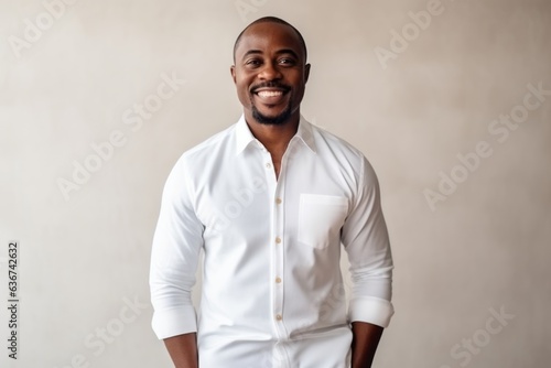 happy african american man in white shirt over grey wall background