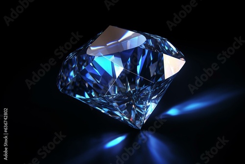 Blue diamond with abstract lighting  rendered in 3D against black background. Generative AI