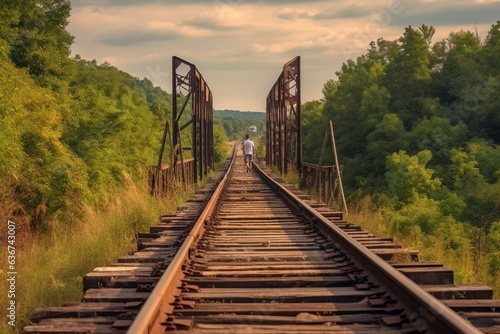 Railroad spanning distance & countryside stroll. Generative AI