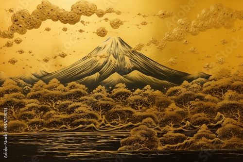 Mount Fuji on golden screen. Generative AI