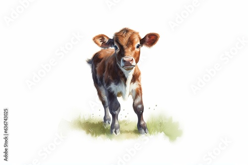 Illustration of a young calf  part of a group of baby animals. Generative AI