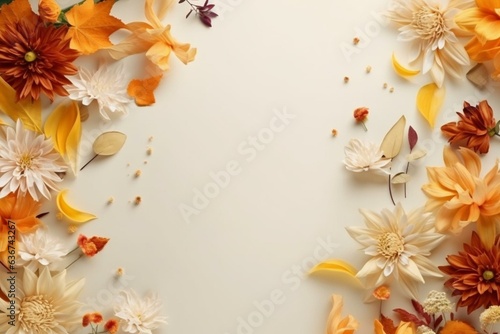 Autumn flowers scattered on a mock-up surface create a breath-taking view with ample copy space. Flat-lay captures the spontaneity of petals in the air. Generative AI