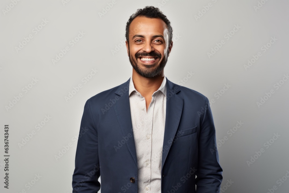 Portrait of a handsome Indian man smiling at camera over grey background Portrait of a handsome Indian man smiling at camera over grey background