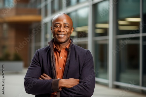 Portrait of a Nigerian man in his 50s in a modern architectural background wearing a chic cardigan