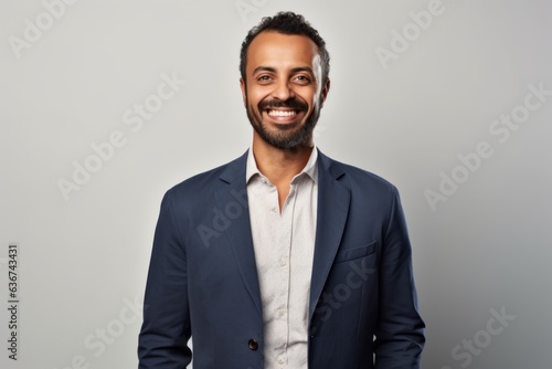 Portrait of a handsome Indian man smiling at camera over grey background