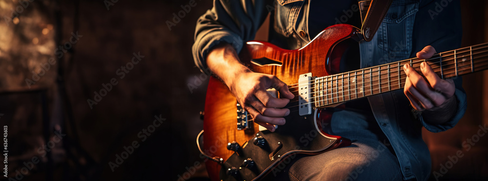 Obraz premium Man playing electric guitar, copy space. Created using generative AI technology.