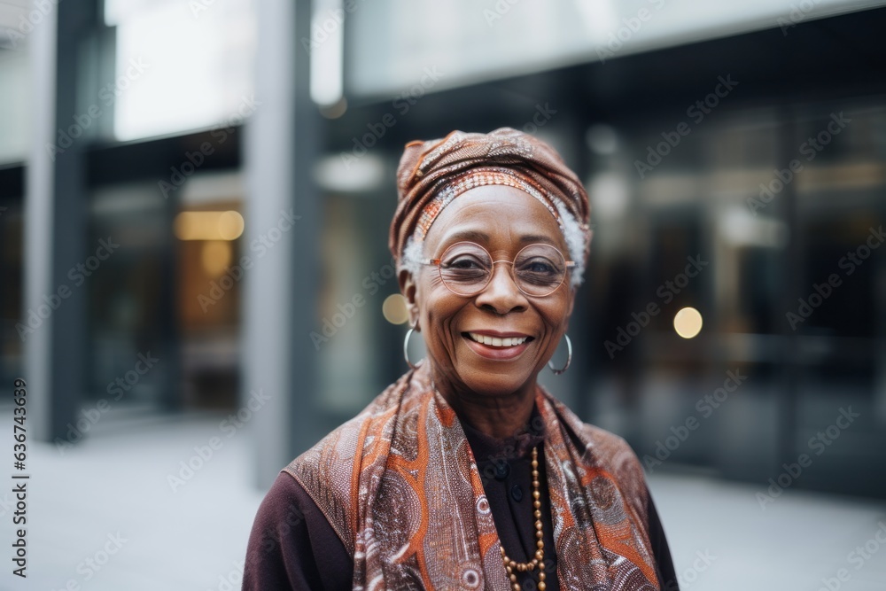 Medium shot portrait of a Nigerian woman in her 90s in a modern architectural background wearing a chic cardigan