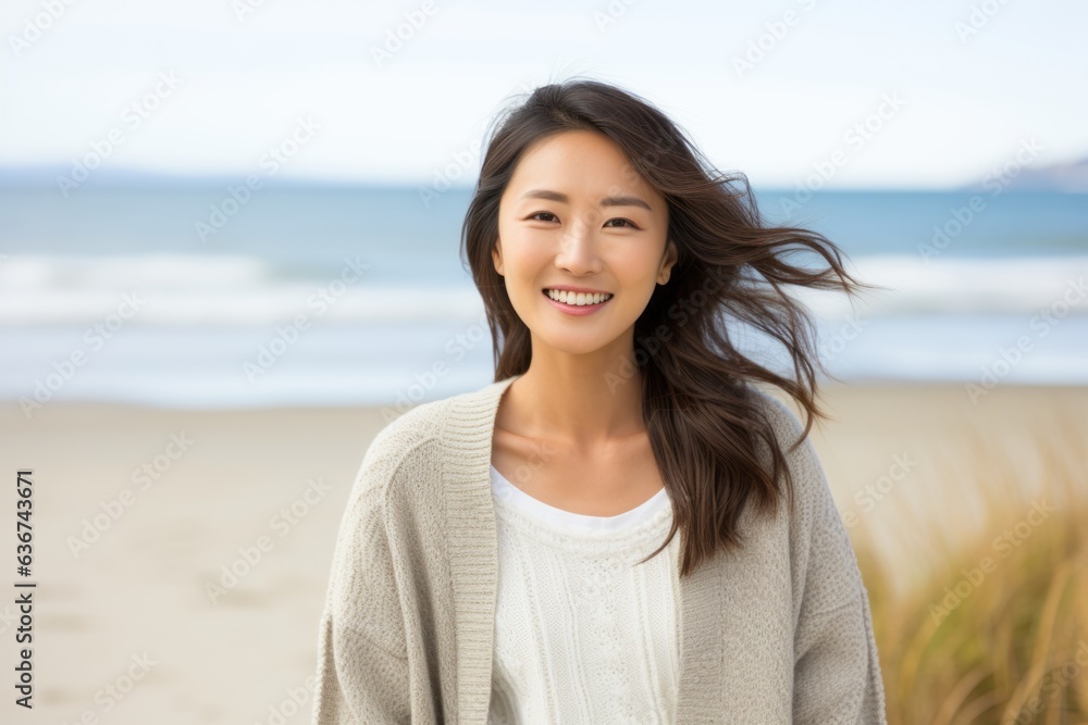 Woman on the beach smiling at the camera with wind blowing her hair