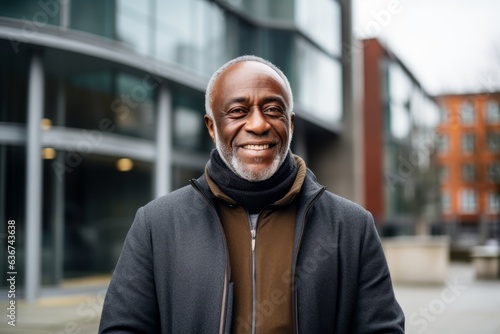 Portrait of a Nigerian man in his 60s in a modern architectural background wearing a chic cardigan