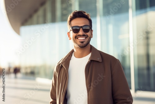 Portrait of a Saudi Arabian man in his 20s in a modern architectural background wearing a chic cardigan