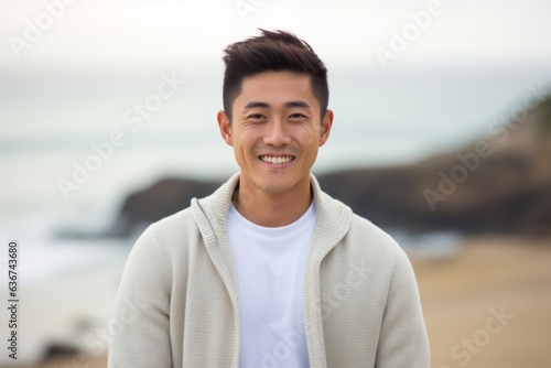 Portrait of a young asian man smiling at the camera on the beach