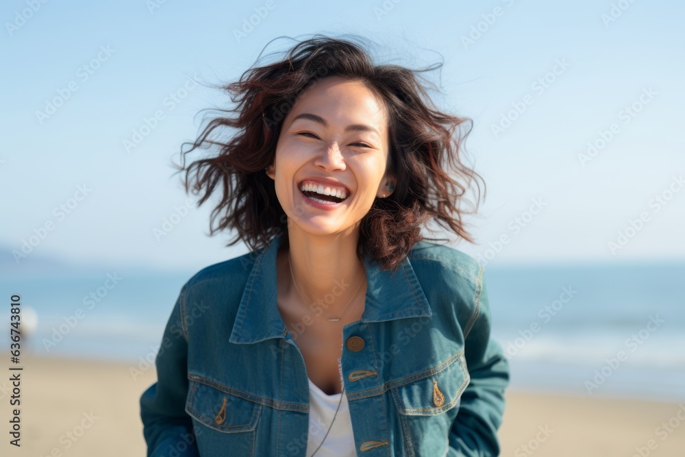 Portrait of a happy young woman laughing and listening to music on the beach Portrait of a happy young woman laughing and listening to music on the beach
