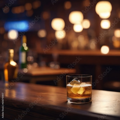 Illustration of a glass of alcohol on a table in a bar against the backdrop of a group of people drinking .Generative AI
