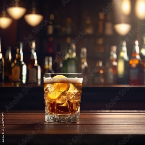 Illustration of a glass of alcohol on a table in a bar against the backdrop of a group of people drinking .Generative AI