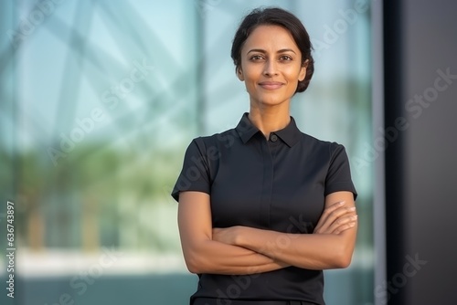 Medium shot portrait of a Saudi Arabian woman in her 40s in a modern architectural background wearing a sporty polo shirt