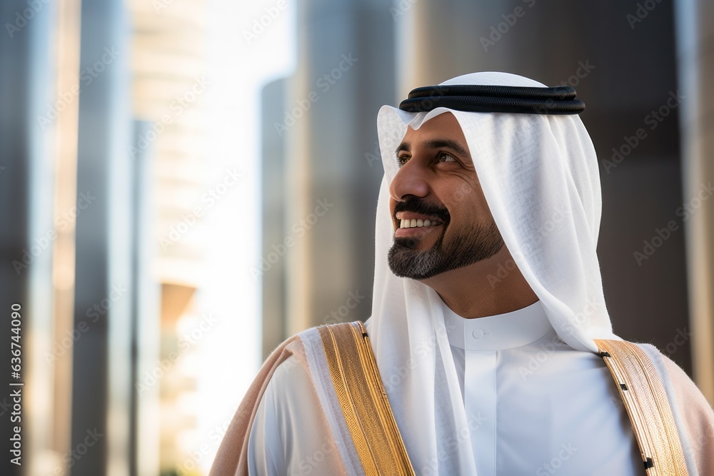 Portrait of a Saudi Arabian man in his 40s in a modern architectural background wearing a foulard